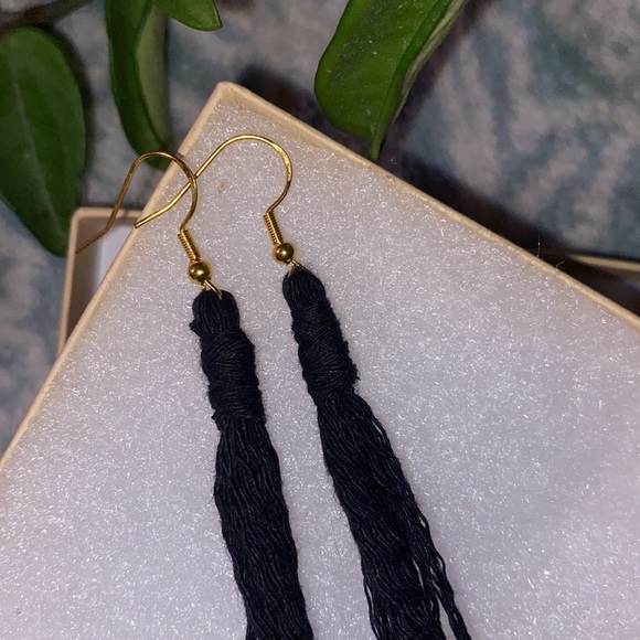 Long Black Hand Crafted Macrame Style Fringe Gold Toned Dangle Earrings - Picture 5 of 9